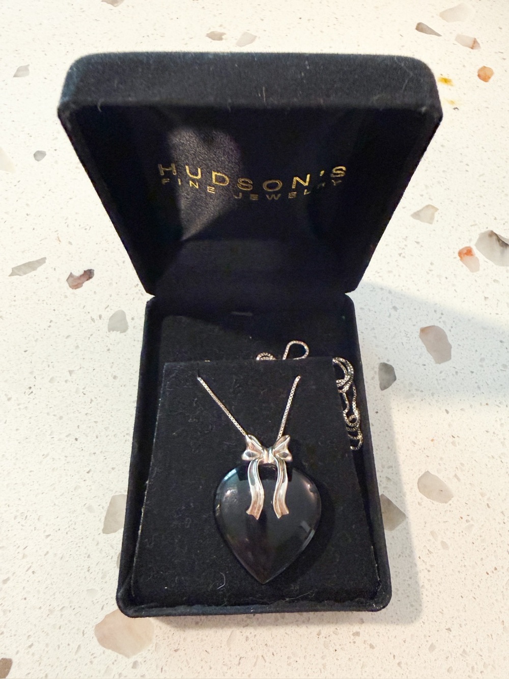 Vintage 1980’s Black Onyx Heart Pendant Necklace with 925 Silver Bow 24” chain